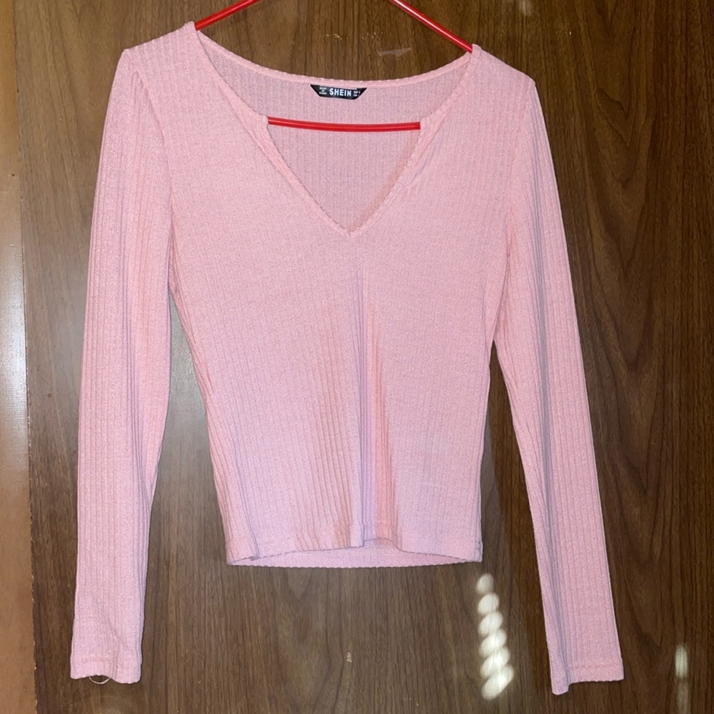 SHEIN Pink Ribbed V-Neck Women's Top